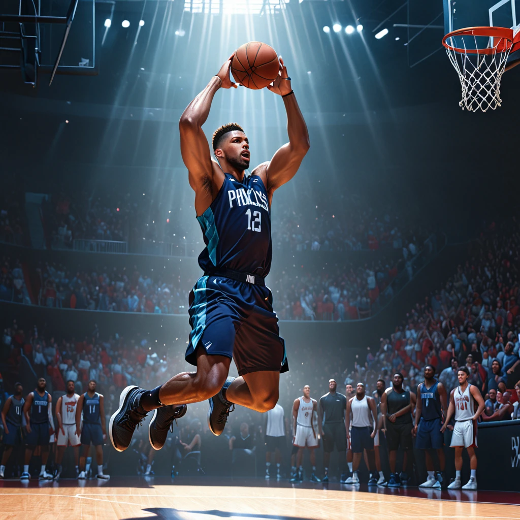 a basketball player dunking a ball,detailed realistic portrait, hyperrealistic, photorealistic, high quality, 8k, (best quality,4k,8k,highres,masterpiece:1.2),ultra-detailed,(realistic,photorealistic,photo-realistic:1.37),muscular male body, strong athletic build, dynamic action pose, mid-air jump, intense facial expression, sweat dripping, basketball court background, dynamic lighting, dramatic shadows, vibrant colors,minimalist Journey