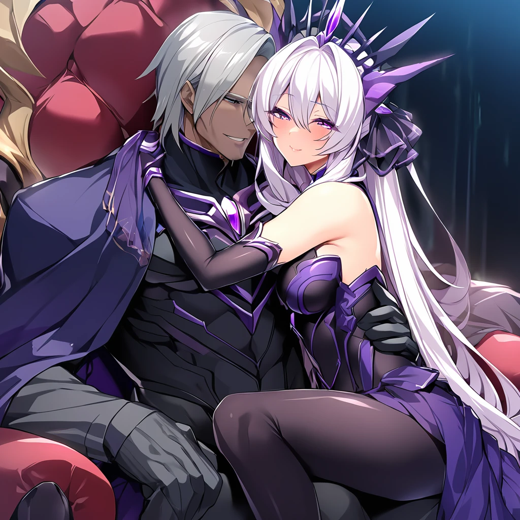 ((Highest quality)), ((masterpiece)), (detailed), （Perfect Face）、The woman is the evil queen Dark Extia, an evil transforming heroine with medium-long silver hair, an engagement ring, and a happy look on her face as she hugs the man.、The man is the evil king, Naioro, a handsome man with medium-long blonde hair, wearing a black bodysuit and embracing a woman.、A man and a woman are sitting close together, embracing and kissing on a luxurious throne、A man and a woman are a deeply loving couple