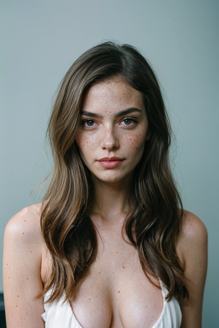 Stunning brunette woman with freckles, Portra 400 film photo, analog inspiration