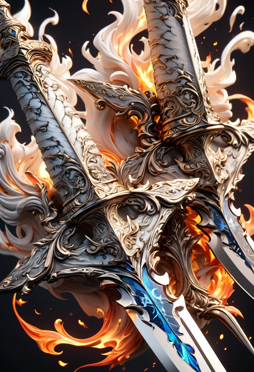 masterpiece, 8k, best quality, highly detailed, a pair of daggers covered in white flames