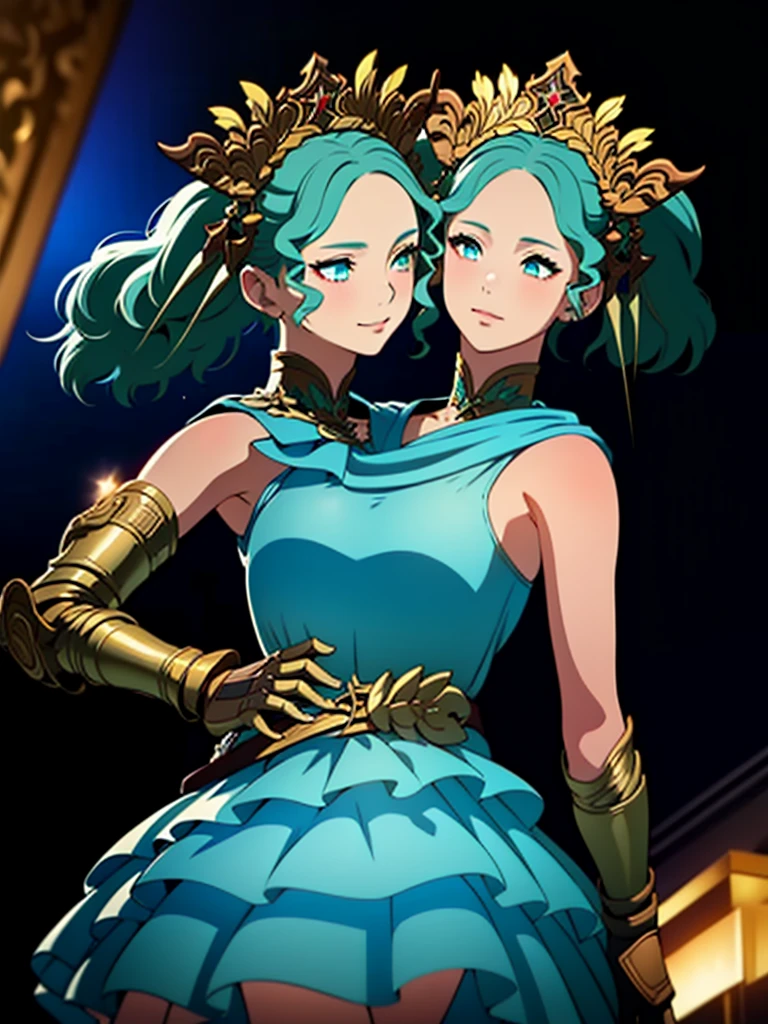 Best quality, masterpiece, ultra high res, (photorealistic:1.4), 1girl, offshoulder, deep shadow, shiny skin,depth of field, night sky, crown,  aqua eyes, blue hair,  luxury dress, white dress, shiny dress, good hand, depth of field,  white skin, glowing eyes,  golden armor arm,  (2heads:1.5)