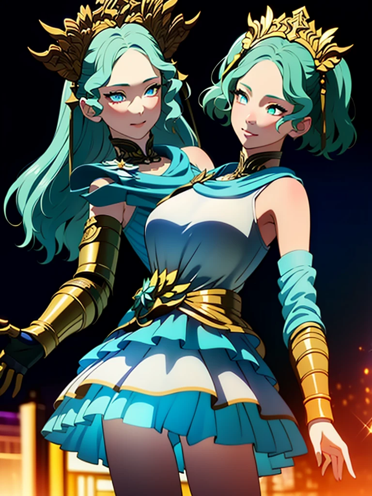 Best quality, masterpiece, ultra high res, (photorealistic:1.4), 1girl, offshoulder, deep shadow, shiny skin,depth of field, night sky, crown,  aqua eyes, blue hair,  luxury dress, white dress, shiny dress, good hand, depth of field,  white skin, glowing eyes,  golden armor arm,  (2heads:1.5)