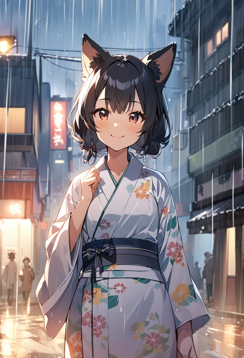 (morning), One Girl, alone, View your audience, winter, Cowboy Shot, (Downtown), Cowboy Shot, smile, Black Hair,yukata,Dog Ears,in the rain,両手を広げてsmileで踊っている