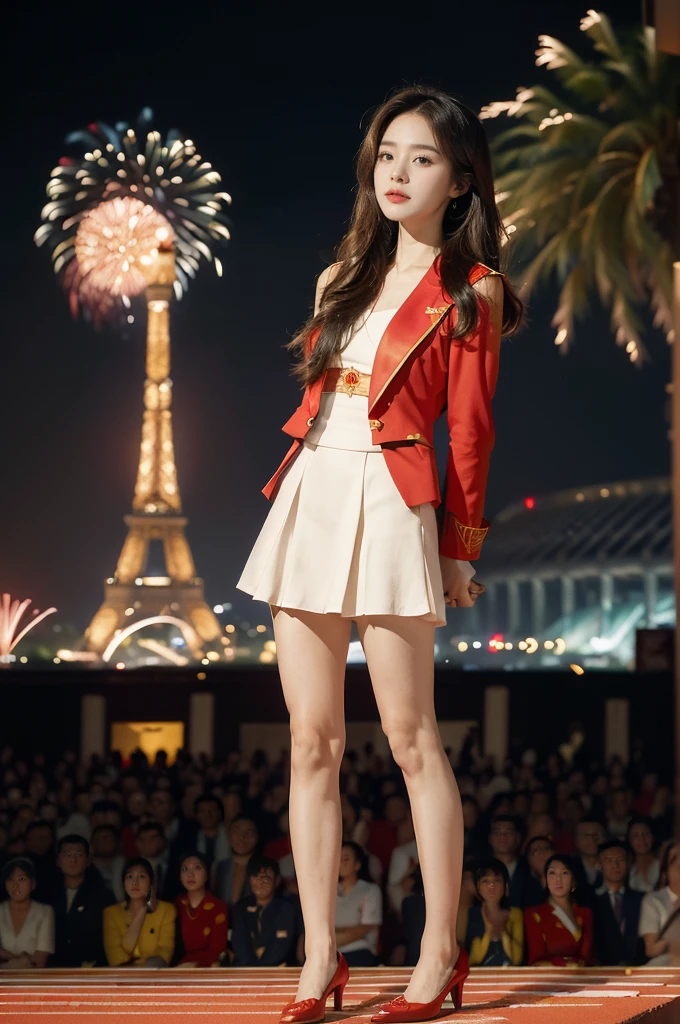 (((best quality))),(((ultra detailed))),(((masterpiece))),illustration, ((Olympic Opening Ceremony,in Paris,summer night,magnificent National stadium of France,Olympic flame, fireworks)),(crowded crowds of enthusiastic spectators:1.3),((a beautiful Chinese girl,solo)),((shoulder length straight hair:1.2)),((slim,thin)),((small breasts,flat chest)),(red blazer:1.5),(yellow dress:1.2),(slender legs:1.2),(loafers:1.2),excited expression, awe, celebrating, electric atmosphere, sense of pride, excitement, playing field, crowd energy, unity, camaraderie, representing China, historic event, memorable moment,((standing:1.2),(arms behind back:1.3),((from front,full body))