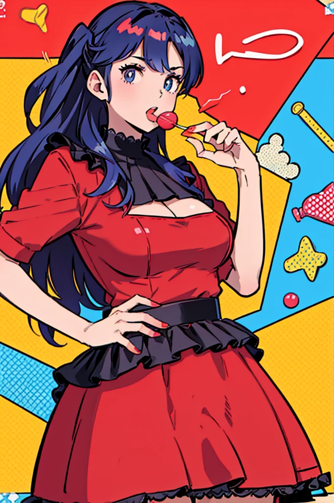 "An illustration of a beautiful woman wearing a red dress, holding a lollipop. She should have a confident and powerful expression. The style should be in pop art, with bold colors, dots, and exaggerated features typical of pop art. The background should be simple and light, focusing on the woman's posture, expression, and the lollipop."