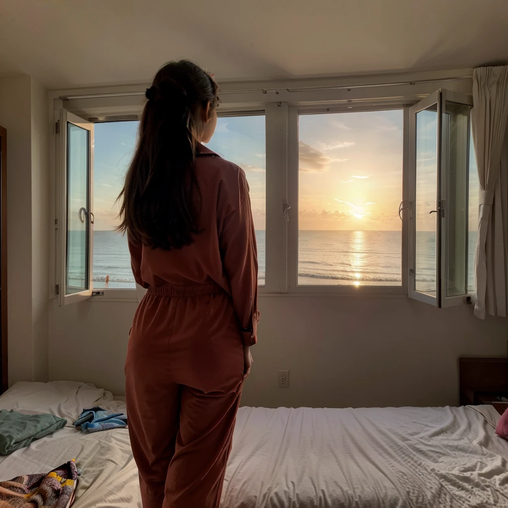 woman standing in her room wearing pajamas in front of a window looking out at the ocean, fine art, looking out at a sunset, looking out over the sea, looking out at the ocean, looking off into the sunset, sunset view, beautful view, looking at sunset, gorgeous view, overlooking the ocean, looking out window.
