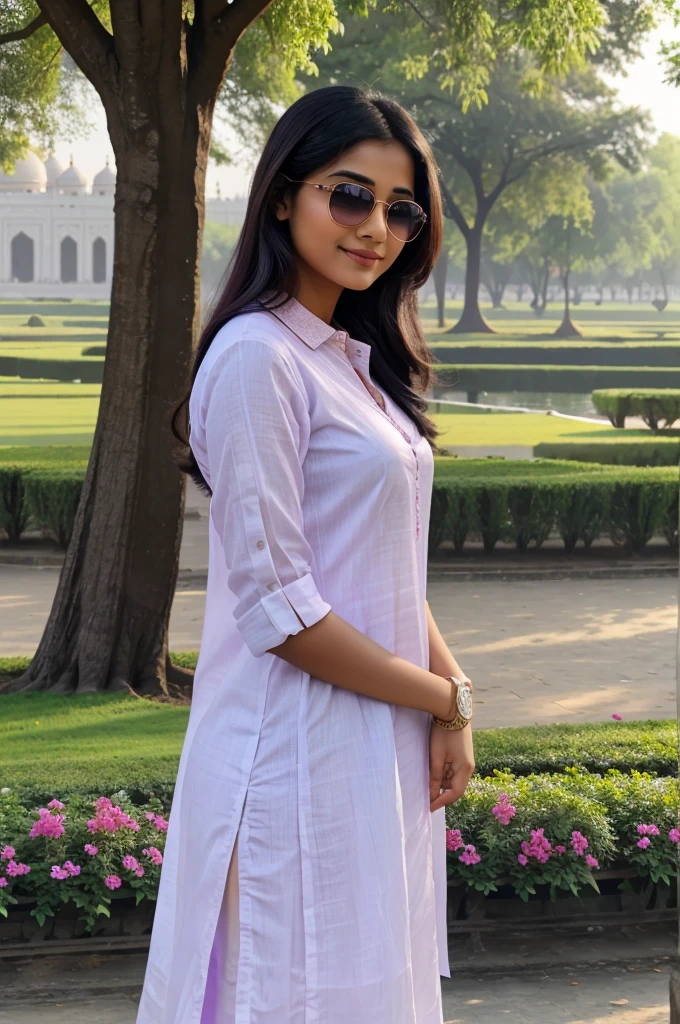 a real indian beautiful girl standing with stylish photo soot pose,The girl is slightly bent forward from the waist and giveing flying kiss, in tajmahel Park, tajmahel in background, beautiful flowers in park. The girl wearing white purple gradient kurti, with purple sunglasses, with smart watch. with name "NEHA" writing on the kurti clearly purple big letters. she is looking so Pretty, cute, smile,beautiful chest, HDR ultra quality 4k pictures.