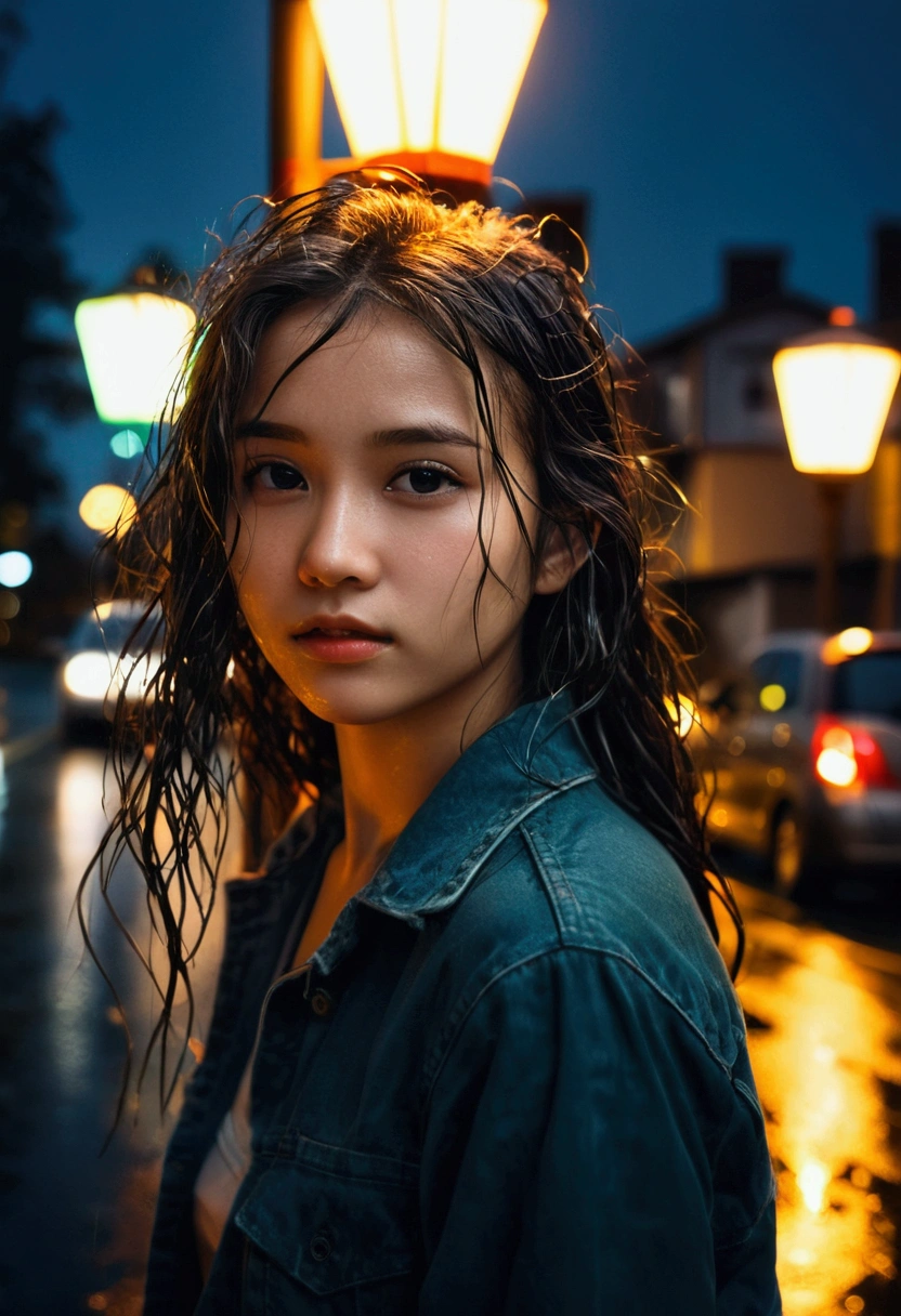 1girl,solo,long hair,Rough skin,(looking at viewer:1.2),wet hair,micro_shorts,dark,polaroid,(depth_of_field:1.5),rainy days,outdoors,street,hair between eyes,moody lighting,Tyndall effect,Cinematic Lighting,night,lamppost,lens flare,available light,rim light,glowing neon lights,curvy,chinese_style,