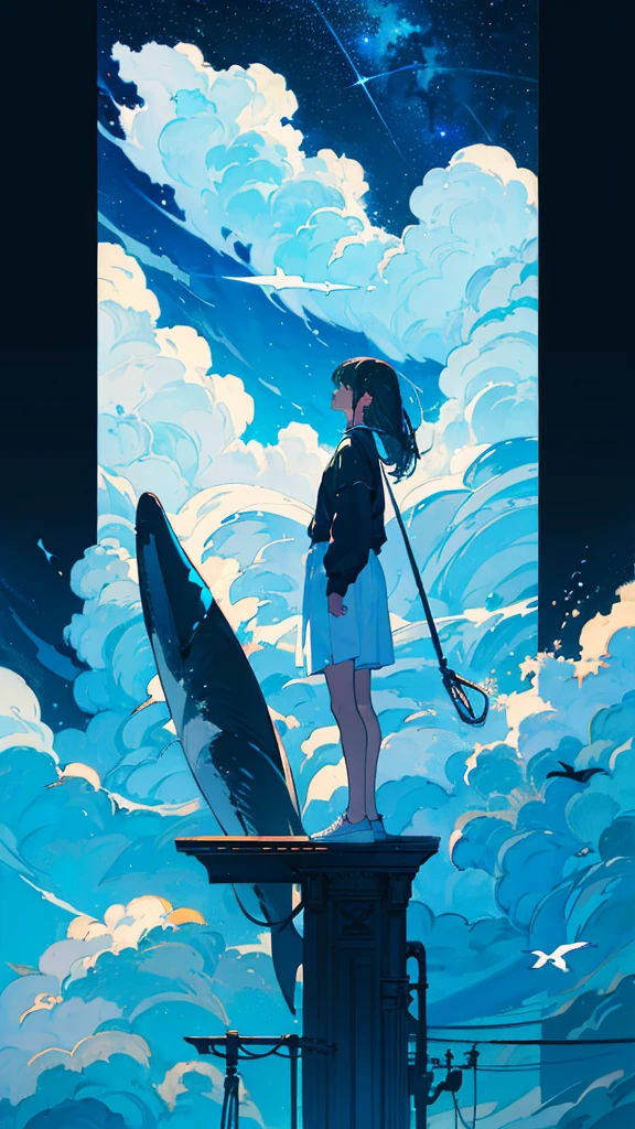 masterpiece, Exquisite detail,Highest quality, One girl, alone, handrail, cloud, Looking up at the buildings,Long Hair, zero, Long sleeve, Power lines, White footwear, Black Hair, View your viewers, Electric pole, bangs, cloudy zero, fish, bird, Green Eyes, Shorts, Day, Black Shirt, barefoot,Whale flying in the sky,Giant whale,night,Star,milky way,night,Pitch black,Buildings,Sitting, High quality anime art style,Standing painting,Splash ink background,Blue Themes,Clear Face,Distinct facial features