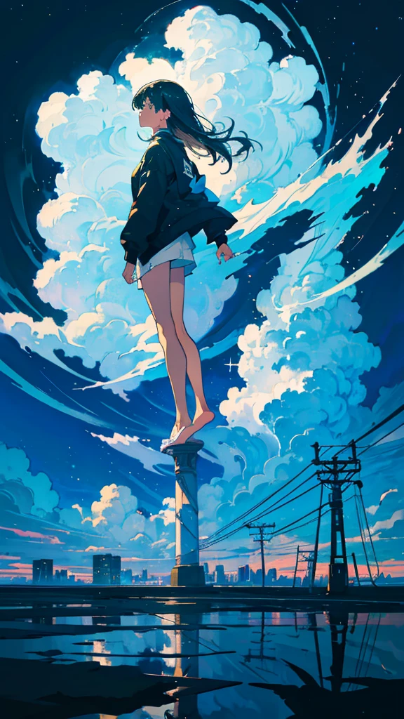 masterpiece, Exquisite detail,Highest quality, One girl, alone, handrail, cloud, Looking up at the buildings,Long Hair, zero, Long sleeve, Power lines, White footwear, Black Hair, View your viewers, Electric pole, bangs, cloudy zero, fish, bird, Green Eyes, Shorts, Day, Black Shirt, barefoot,Whale flying in the sky,Giant whale,night,Star,milky way,night,Pitch black,Buildings,Sitting, High quality anime art style，Standing painting，Splash ink background，Blue Themes,Clear Face,Distinct facial features