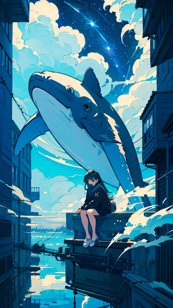masterpiece, Exquisite detail,Highest quality, One girl, alone, handrail, cloud, Looking up at the buildings,Long Hair, zero, Long sleeve, Power lines, White footwear, Black Hair, View your viewers, Electric pole, bangs, cloudy zero, fish, bird, Green Eyes, Shorts, Day, Black Shirt, barefoot,Whale flying in the sky,Giant whale,night,Star,milky way,night,Pitch black,Buildings,Sitting, High quality anime art style,Standing painting,Splash ink background,Blue Themes,Clear Face,Distinct facial features