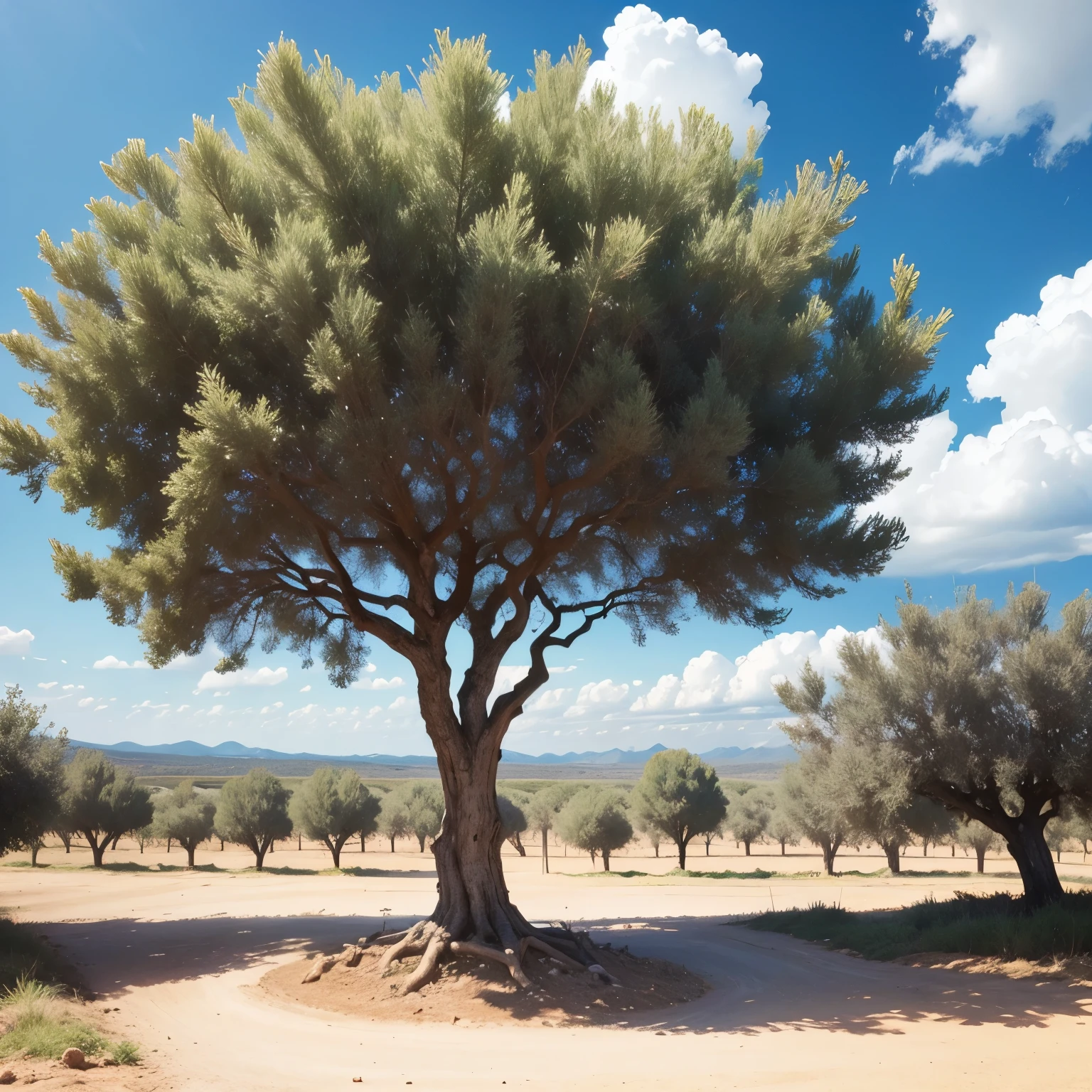 A vast olive tree plantation ,sunny day ,few clouds 