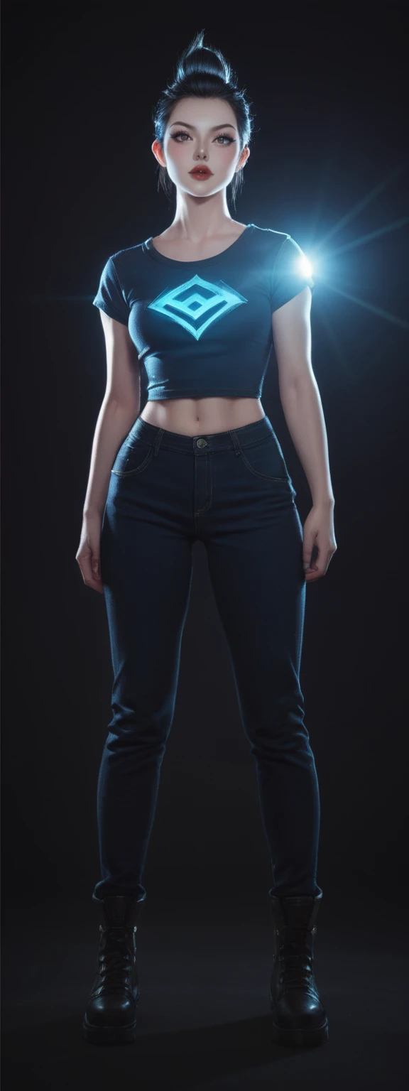 realistic, score_9, score_8_up, score_7_up, score_6_up,
1girl, solo, from front, full body, Rumble \(league of legends\), black background, makeup, sidelighting, backlighting, glowing,