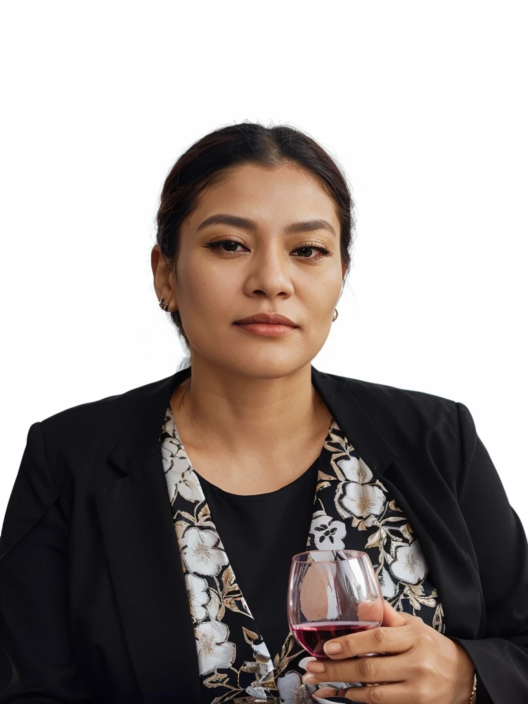 woman in a black jacket holding a glass of wine, Magda Torres Gurza, Fujita Goro, pillar gogar, Omina Tachibana, photo of a woman, work hard, pillar, taken in the early 2020s, Julia Fuentes, ayahausca, on light background