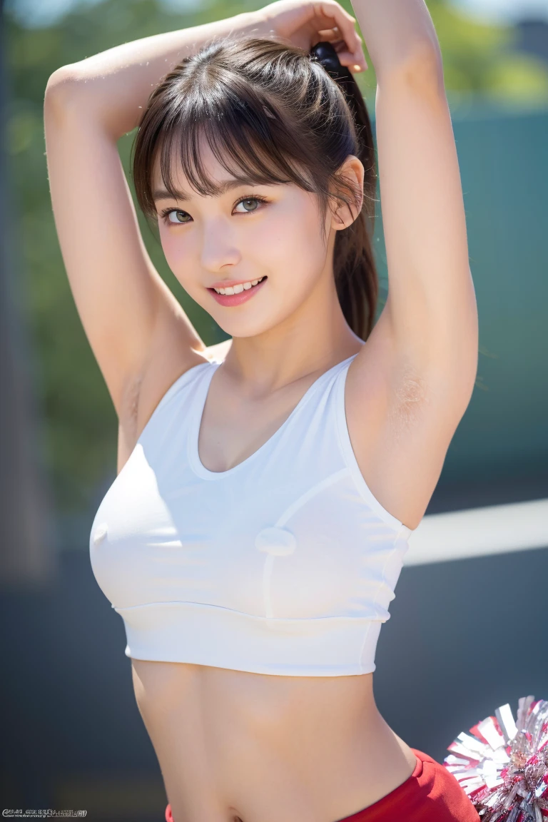 Flying debris, Highest quality, shape, Very detailed, finely, High resolution, 8k wallpaper, Perfect dynamic composition, finelyてBeautiful Eyes,Medium Hair,Small breasts Natural color Lips, Bold sexy pose,smile,Harajuku、20-year-old girl、cute、sexy shot looking at camera、Black hair ponytail , whole body((Realistic lighting, Highest quality, 8k, masterpiece: 1.3)), Clear focus: 1.2, 1 girl, Perfect shape: 1.4,(Cheerleader:1.3),(Outdoor:1.5),(Look under your armpits:1.5),(Stadium:1.1),(Cheer Dance:1.3) Very beautiful face, Beautiful Eyes, double eyelid,smile,(Your cheeks are red:1.3),(No nipples:1.2)