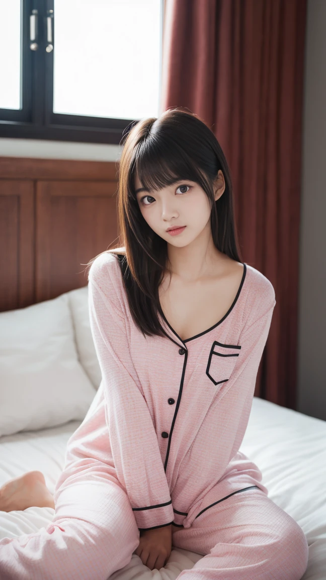 A woman in pink pajamas is sitting on the bed, Black Hair Girl, Beautiful dark-haired woman, Cute Woman, Young black hair girl, Dark hair and attractive features,、Also known as New Milky, Kanna Hashimoto, Beautiful woman, Posing in bed, Posing in the room
