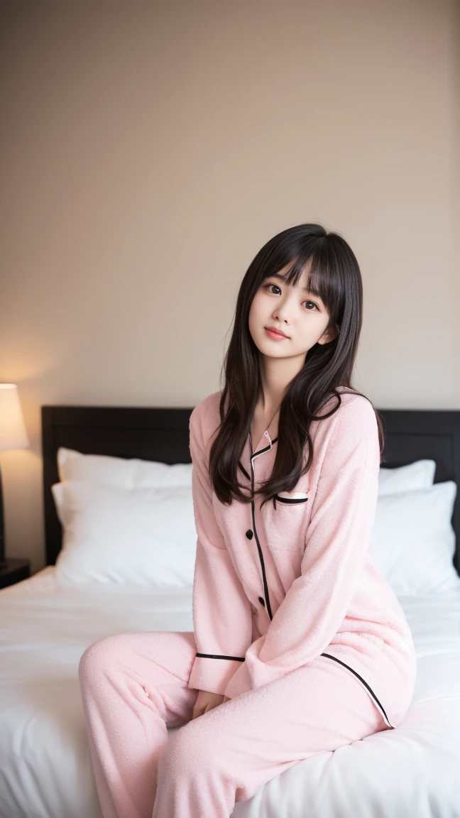 A woman in pink pajamas is sitting on the bed, Black Hair Girl, Beautiful dark-haired woman, Cute Woman, Young black hair girl, Dark hair and attractive features,、Also known as New Milky, Kanna Hashimoto, Beautiful woman, Posing in bed, Posing in the room