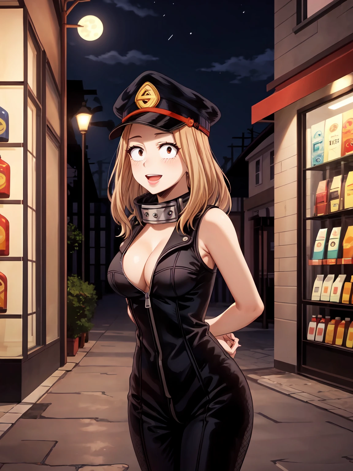 Masterpiece ,best quality , high resolution , (face view , look at view , (pov front view) , (pov from front)) , (1 girl solo:1.38) , (camie, long hair, brown hair, brown eyes, peaked cap , lipstick , eyeliner)) , (slim , tall , slender , thin) , (cleavage:1.05) , (big breast:1.06) , (wear black bodysuit  , sleeveless , fishnet_stockings , zipper ) ,BREAK (arms behind back , hand behind back) BREAK, ( outdoor , night , lamp , moonlight , road , on street , in front of shop ) , (open mouth , smile , full face blush , shy ) , (standing , thighs ) , (cowboy_shot)