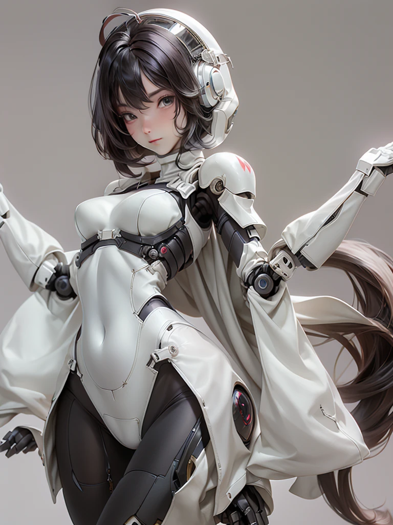 Extremely cute human eighteen year old girl face, human torso, human huge , human abdomen, human hips, robotic arms, mechanical legs, arms and legs with hard white shiny shell and black joints, very beautiful and feminine, short, , small, small, busty buttocks, medium bust, cleavage display, flat belly display, partial helmet with antenna on the ear, black robot joints, very stylish, award-winning product design, black rubber tights, The shiny white metal breastplate opens at the cleavage and abdomen, the white metal buttocks are wrinkled, and the armor has stylish, glowing trims
