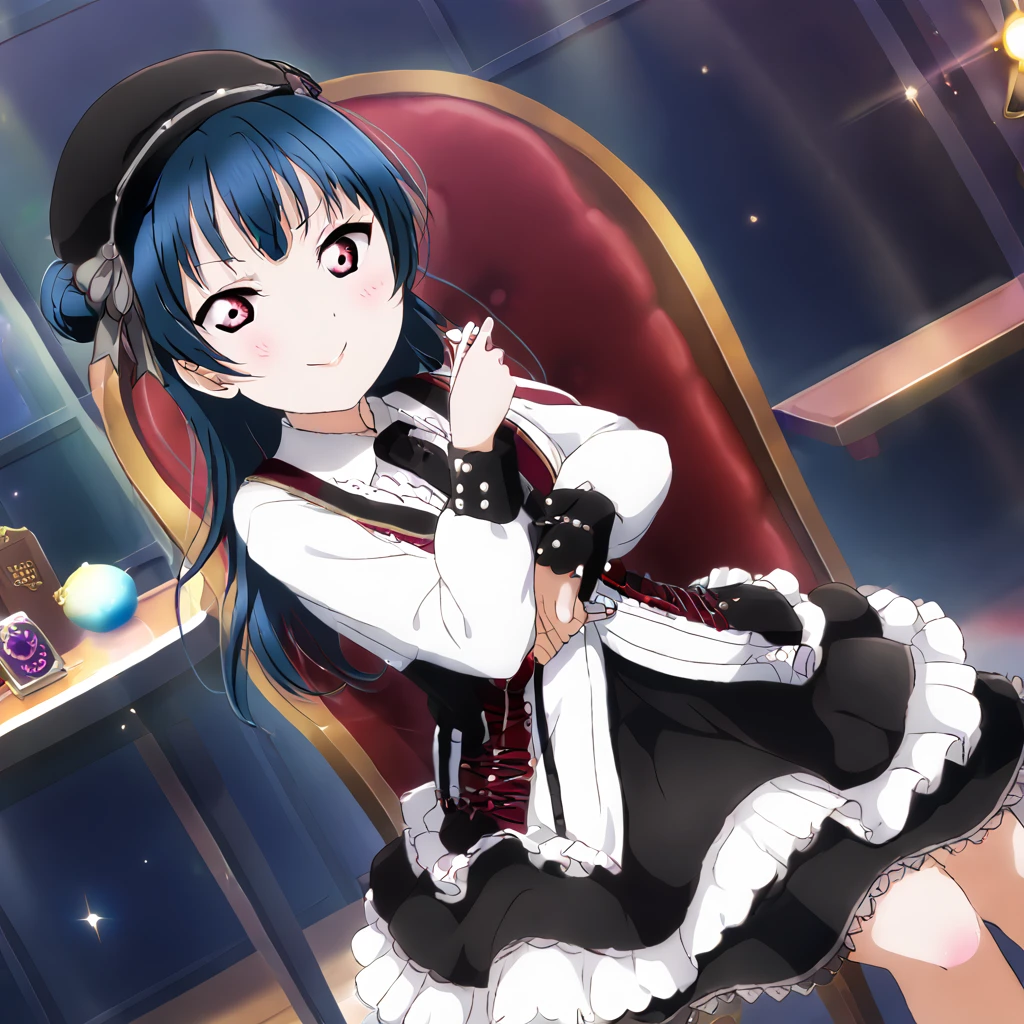 Yoshiko Tsushima、Blue Hair、Red eyes、Gothic ****ta、smug face、sit cross-legged on a chair、Wink、magic、night、dark、Bun right