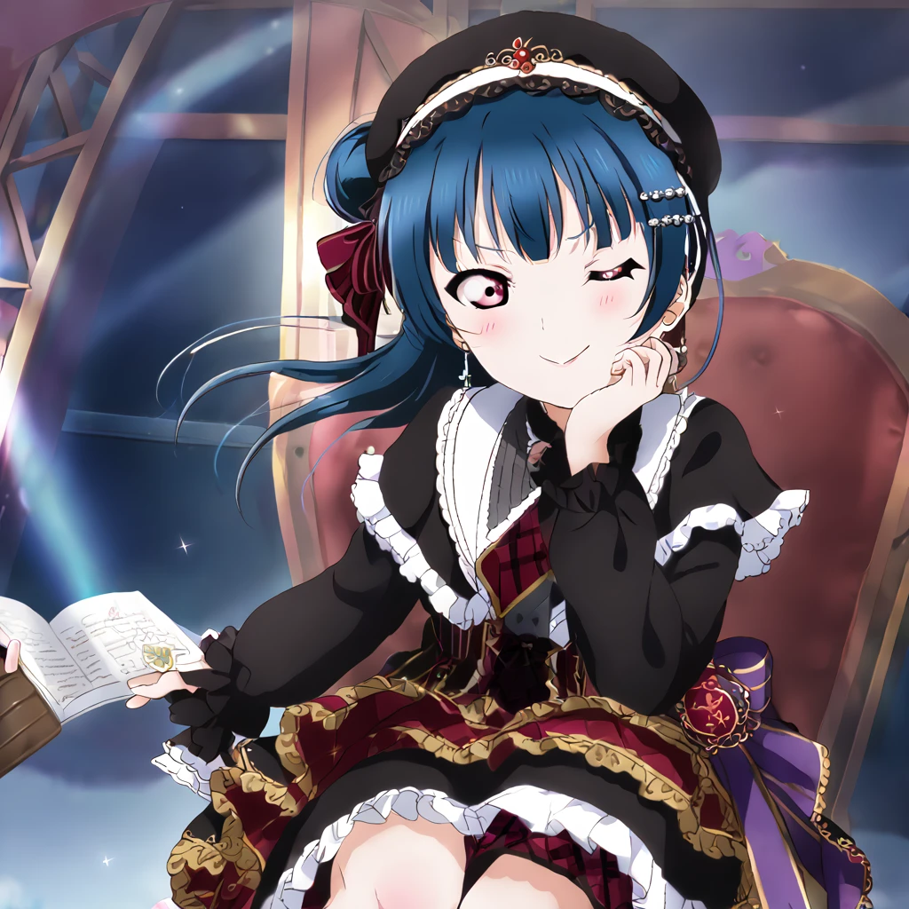 Yoshiko Tsushima、Blue Hair、Red eyes、Gothic ****ta、smug face、sit cross-legged on a chair、Wink、magic、night、dark、Bun right