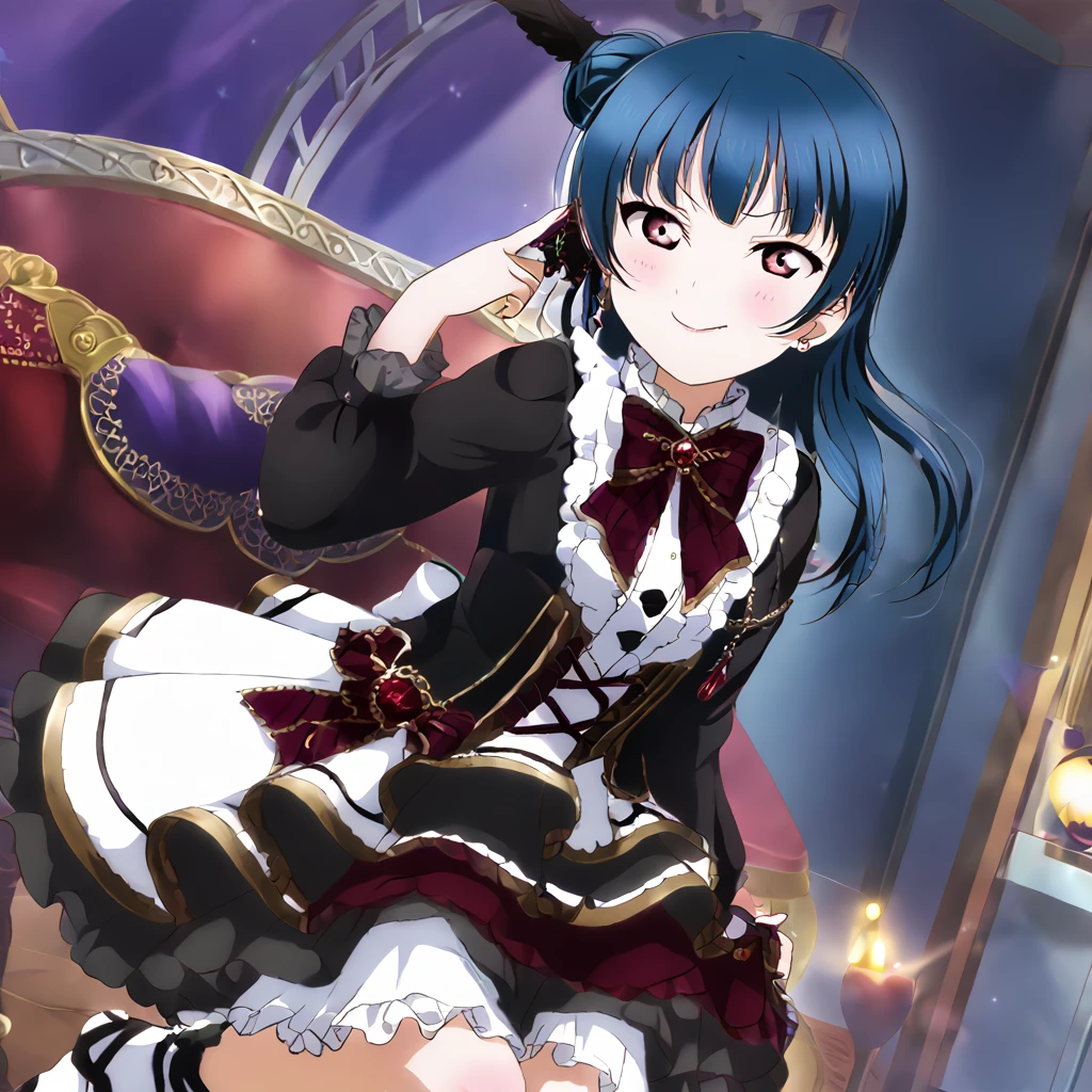 Yoshiko Tsushima、Blue Hair、Red eyes、Gothic Lolita、smug face、sit cross-legged on a chair、Wink、magic、night、dark、Bun right