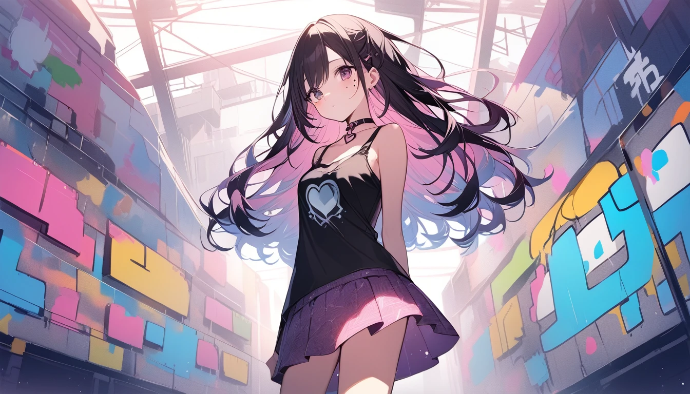 gothgirl, Long black hair,  black crop top，Pink skirt，Black CPTPN leggings, cheerfulness, Dancing, Beautiful anime style girl all over, clean detailed faces, underdressing, analogous colors, Glowing shadow, beautiful gradation, Depth of field, Clean image, High quality, High detail, High definition, Luminous Studio graphics engine, Cute face, big breast, Slim waist, nice hip,