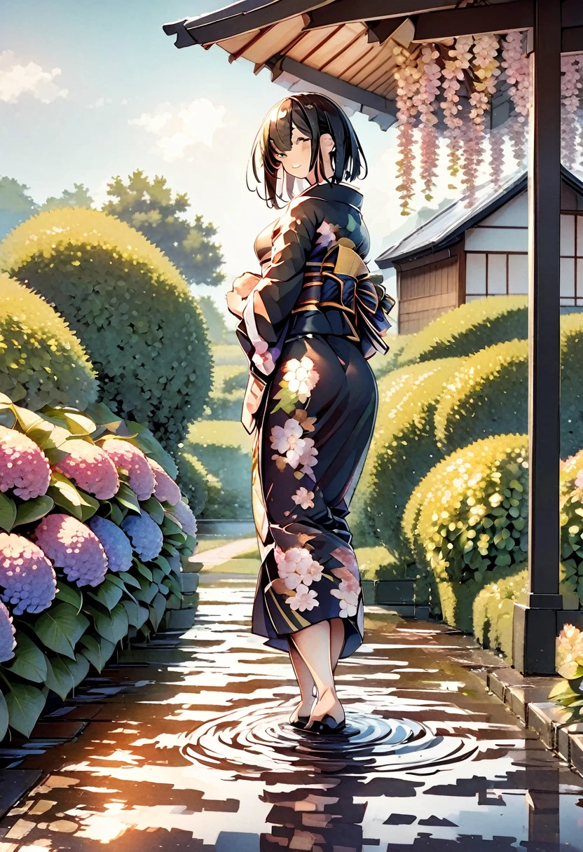 (One japanese woman:1.5), (Adult japanese women:1.5), (slender:1.3), Black Hair, Black eye, Super short hair, Smile, Wearing a floral pattern yukata, Holding a Japanese umbrella, Backshot, Look back at the camera, Hydrangea below half of the foreground, Looking at hydrangeas, Sky after rain, Puddle on the ground