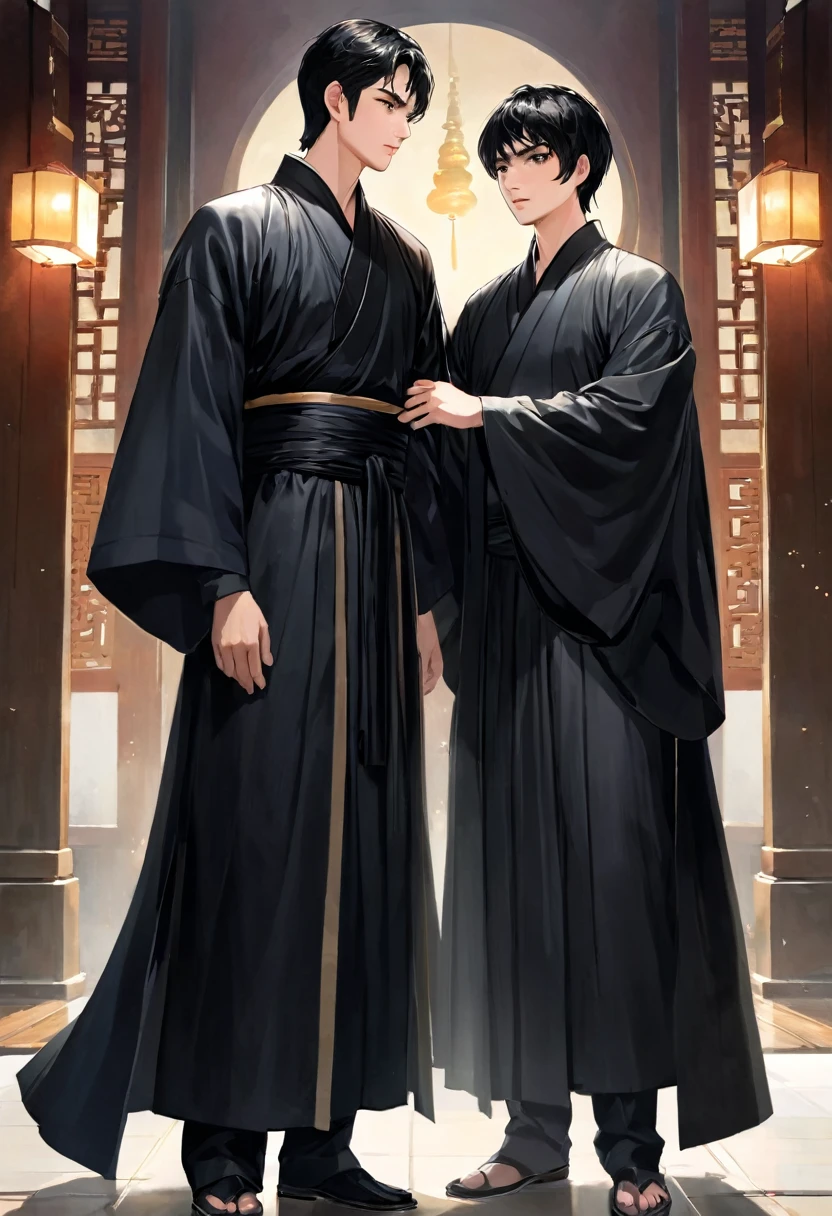 (highest resolution, different_picture) คุณpictureดีที่สุด, ((two men)), support each other, Masterpiece, Highly detailed, semi-realistic, black short hair, black hair, smooth, matures, young people, Tall and strong, His right hand wears a black robe., strict and serious, High and handsome, Majestic and mighty, With a beautiful face, ((With perspective glass))