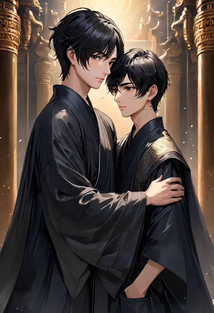 (highest resolution, different_picture) คุณpictureดีที่สุด, ((two men)), support each other, Masterpiece, Highly detailed, semi-realistic, black short hair, black hair, smooth, matures, young people, Tall and strong, His right hand wears a black robe., strict and serious, High and handsome, Majestic and mighty, With a beautiful face, ((With perspective glass))