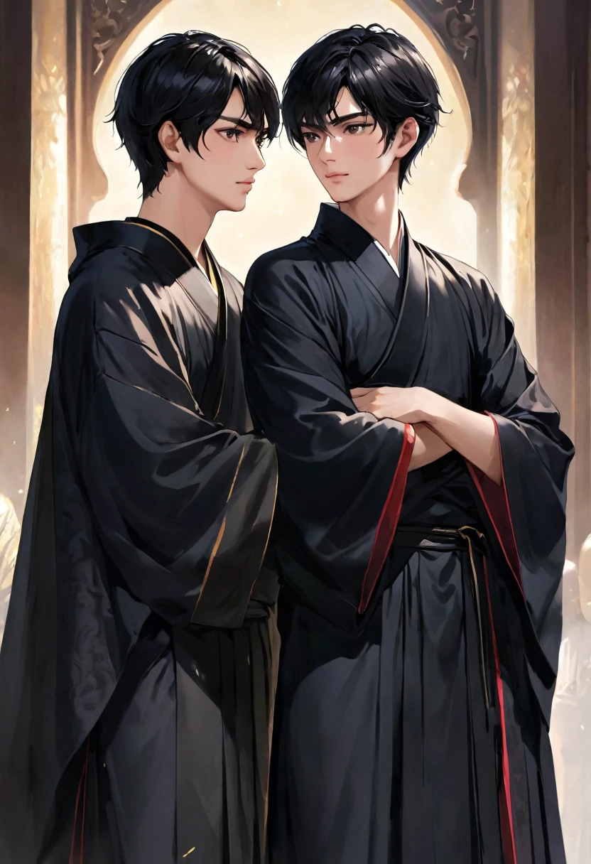 (highest resolution, different_picture) คุณpictureดีที่สุด, ((two men)), support each other, Masterpiece, Highly detailed, semi-realistic, black short hair, black hair, smooth, matures, young people, Tall and strong, His right hand wears a black robe., strict and serious, High and handsome, Majestic and mighty, With a beautiful face, ((With perspective glass))