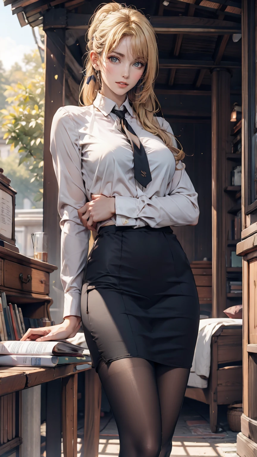 1 Girl, (alone:1.3), ditch, hot spring, Outdoor, Suit jacket, Hug your feet, of course(Blue Archive), Medium chest,  Blonde, Braid, Folded ponytail, Hair Ribbon, Sexy proportions、Sexy、erotic、adult、Thin limbs、Tight body、Sheer blouse、Pencil Skirt、Black pantyhose、Stiletto heels