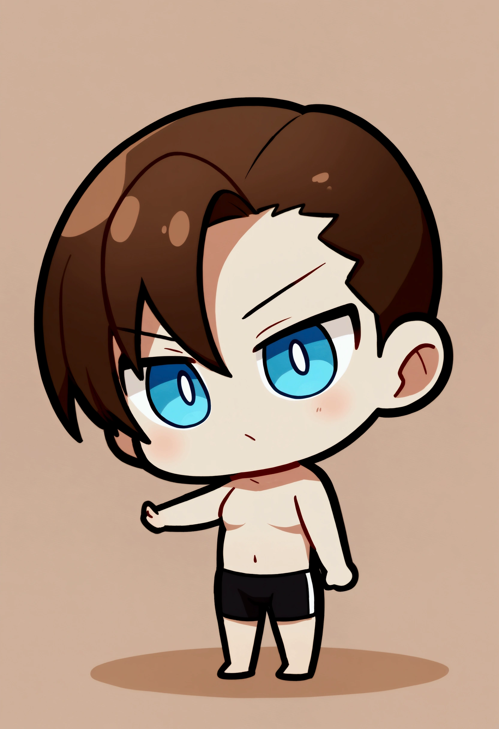 1man with short brown hair, blue eyes, tall, nude, black boxers, chibi style