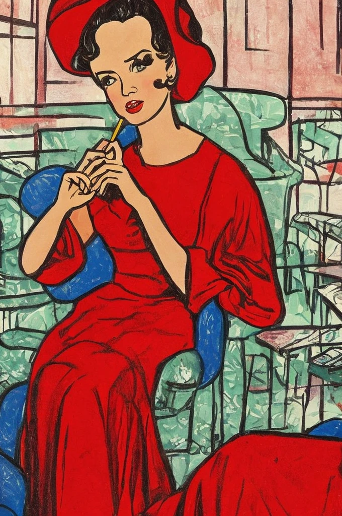 "An illustration of a beautiful woman wearing a red dress, holding a lollipop. She should have a confident and powerful expression. The style should be in pop art, with bold colors, dots, and exaggerated features typical of pop art. The background should be simple and light, focusing on the woman's posture, expression, and the lollipop."