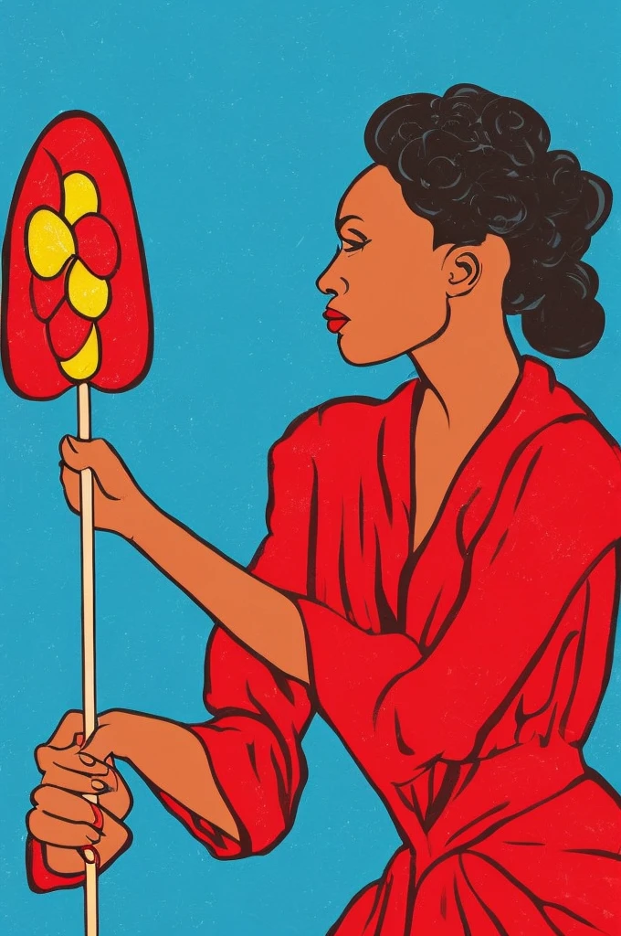 "An illustration of a beautiful woman wearing a red dress, holding a lollipop. She should have a confident and powerful expression. The style should be in pop art, with bold colors, dots, and exaggerated features typical of pop art. The background should be simple and light, focusing on the woman's posture, expression, and the lollipop."