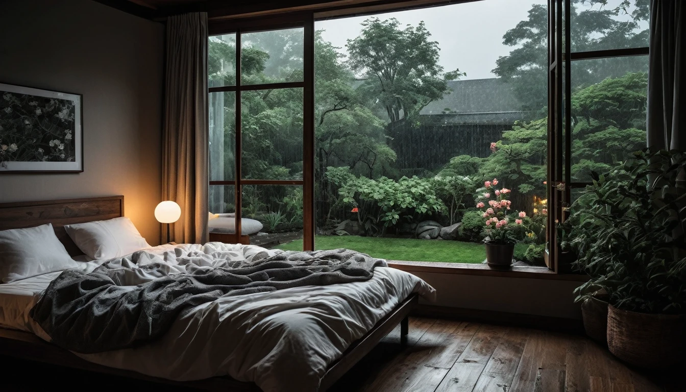 The picture shows a cozy gloomy bedroom, with a large window offering a view of a beautiful, dimly lit garden AND a garden soaked in FLOWERS, the cobblestones of the Japanese house concept. CINEMATIC, JAPANESE HOUSE, the shape of a Japanese house, and lots of flower gardens in the garden. The bed was unmade with rumpled sheets, indicating only a light sleep. the room is dark, gloomy, looks dim, gloomy. Beside the bed there is a small table with a classic lamp that radiates warm light into the room. Outside the window you can see the lush greenery of the terrace or balcony area, the rain is falling, the lamp on the left provides warm lighting, creating a calm and peaceful atmosphere. with fog obscuring part of the view in the distance. The contrast between the warmth indoors and the rain outdoors creates an inviting and calming atmosphere