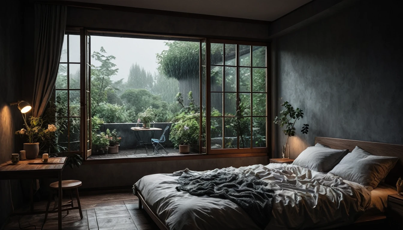 The picture shows a cozy gloomy bedroom, with a large window offering a view of a beautiful, dimly lit garden AND a garden soaked in FLOWERS, the cobblestones of the Japanese house concept. CINEMATIC, JAPANESE HOUSE, the shape of a Japanese house, and lots of flower gardens in the garden. The bed was unmade with rumpled sheets, indicating only a light sleep. the room is dark, gloomy, looks dim, gloomy. Beside the bed there is a small table with a classic lamp that radiates warm light into the room. Outside the window you can see the lush greenery of the terrace or balcony area, the rain is falling, the lamp on the left provides warm lighting, creating a calm and peaceful atmosphere. with fog obscuring part of the view in the distance. The contrast between the warmth indoors and the rain outdoors creates an inviting and calming atmosphere