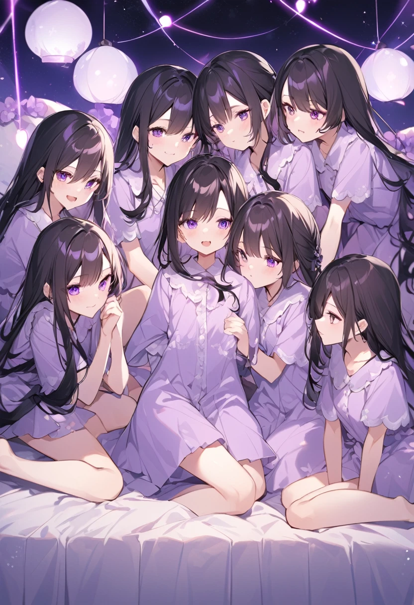 Keito。Purple pajamas。Purple Eyes。Black Hair。barefoot。7 Sisters。Both of them have light purple hair.。all female。Seven siblings。Purple bed