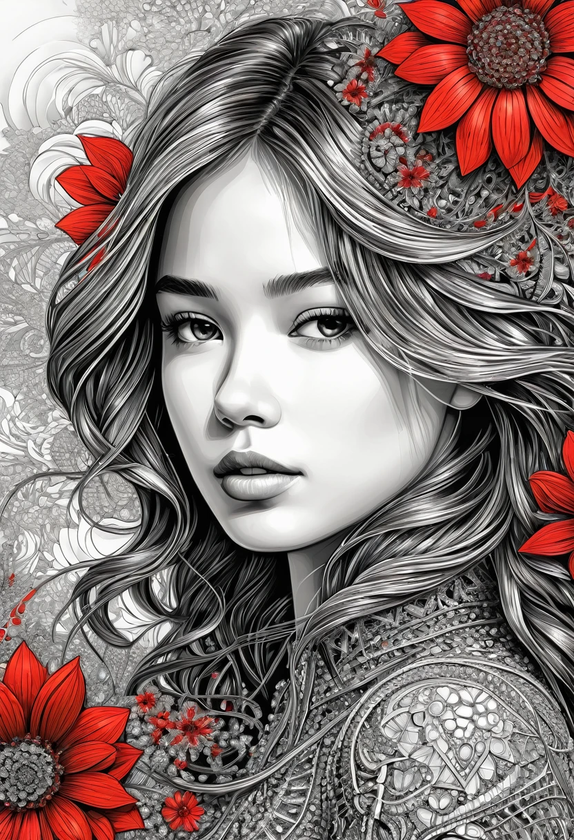 official art, unity wallpaper 8k, very detailed, beautiful and beautiful, Masterpiece, best quality, (zentangle, Mandala, tangle, entangle), (fractal art:1.3) , 1 girl, red flower,  very detailed, Dynamic angle, Cowboy Shot, The most beautiful chaos, elegant, Designed by a brutalist, bright colors, Romantic, By James Jane, Robi Dvi Antono, Ross Tran, Francis Bacon, It&#39;s freezing cold., Adrian genius, Petra Corright, Gerhard Richter, Takato Yamamoto, Ashley Wood, atmosphere