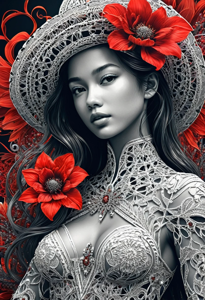 official art, unity wallpaper 8k, very detailed, beautiful and beautiful, Masterpiece, best quality, (zentangle, Mandala, tangle, entangle), (fractal art:1.3) , 1 girl, red flower, very detailed, Dynamic angle, Cowboy Shot, The most beautiful chaos, elegant, Designed by a brutalist, bright colors, Romantic, By James Jane, Robi Dvi Antono, Ross Tran, Francis Bacon, It's freezing cold., Adrian genius, Petra Corright, Gerhard Richter, Takato Yamamoto, Ashley Wood, atmosphere