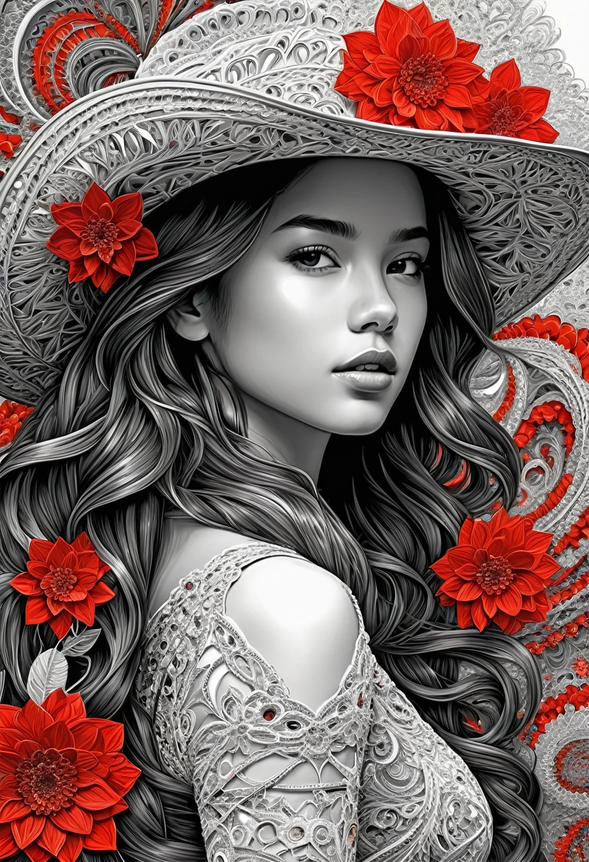 official art, unity wallpaper 8k, very detailed, beautiful and beautiful, Masterpiece, best quality, (zentangle, Mandala, tangle, entangle), (fractal art:1.3) , 1 girl, red flower, very detailed, Dynamic angle, Cowboy Shot, The most beautiful chaos, elegant, Designed by a brutalist, bright colors, Romantic, By James Jane, Robi Dvi Antono, Ross Tran, Francis Bacon, It's freezing cold., Adrian genius, Petra Corright, Gerhard Richter, Takato Yamamoto, Ashley Wood, atmosphere