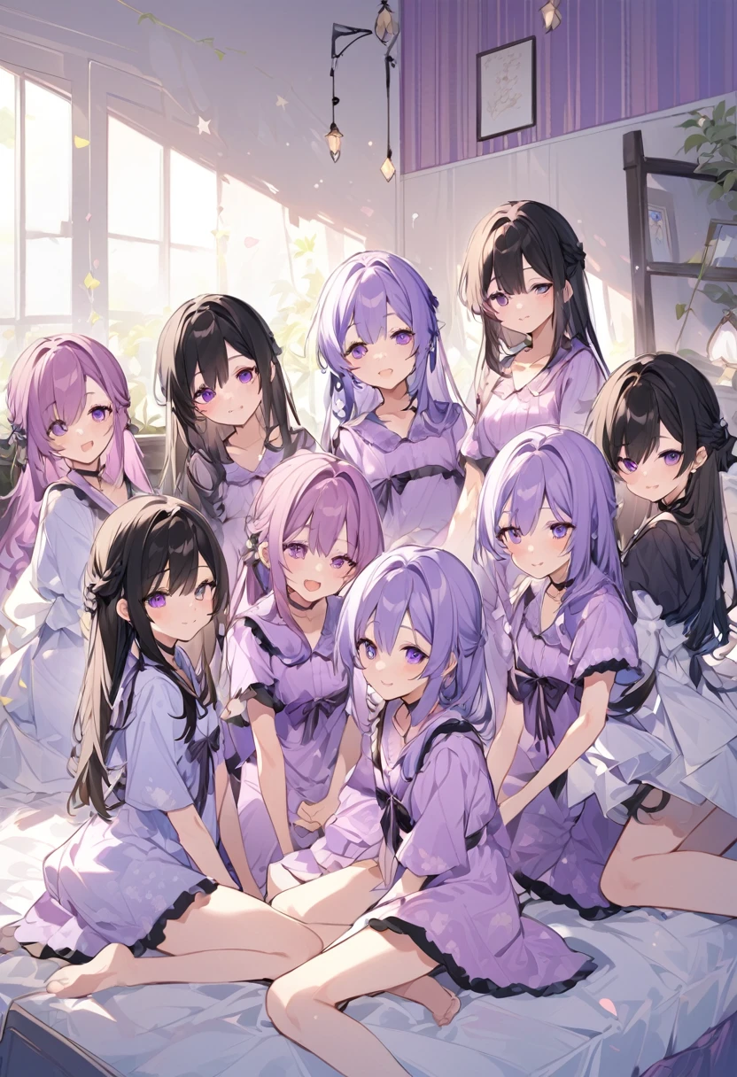 Keito。Purple pajamas。Purple Eyes。Black Hair。barefoot。7 Sisters。Both of them have light purple hair.。all female。Seven siblings。Purple bed