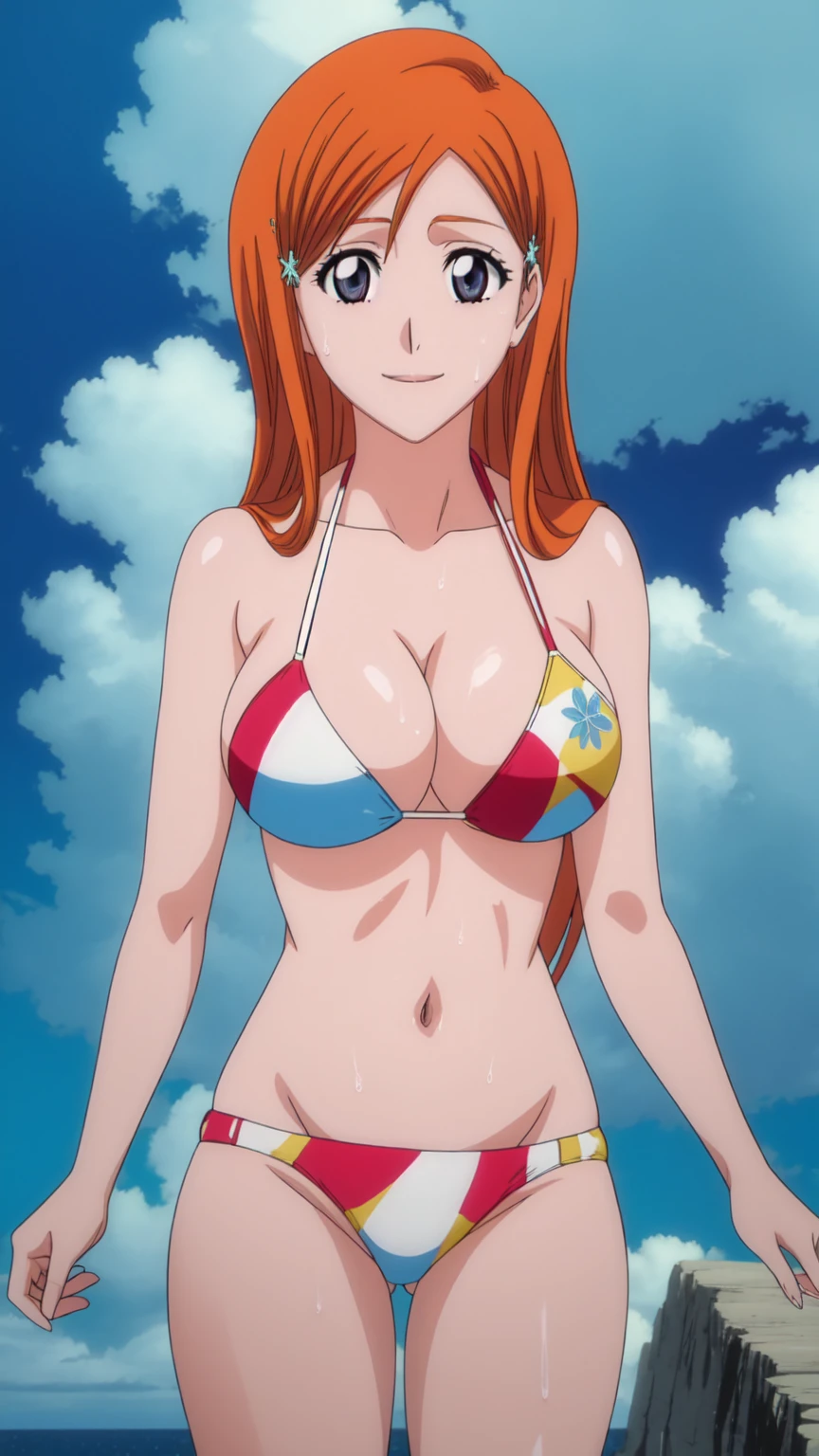 eft_bleach_orihime, 1girl, inoue orihime, solo, long hair, orange hair, grey eyes,breasts, hair ornament, large breasts,hairclip, purple eyes, smile, happy, looking at the viewer, blue theme, blue background, cloudy sky, sunlight, sweat, orgasmic, bikini swimsuit, large breasts, cleavage, belly button exposed, collarbone, thighs, sea and beach,