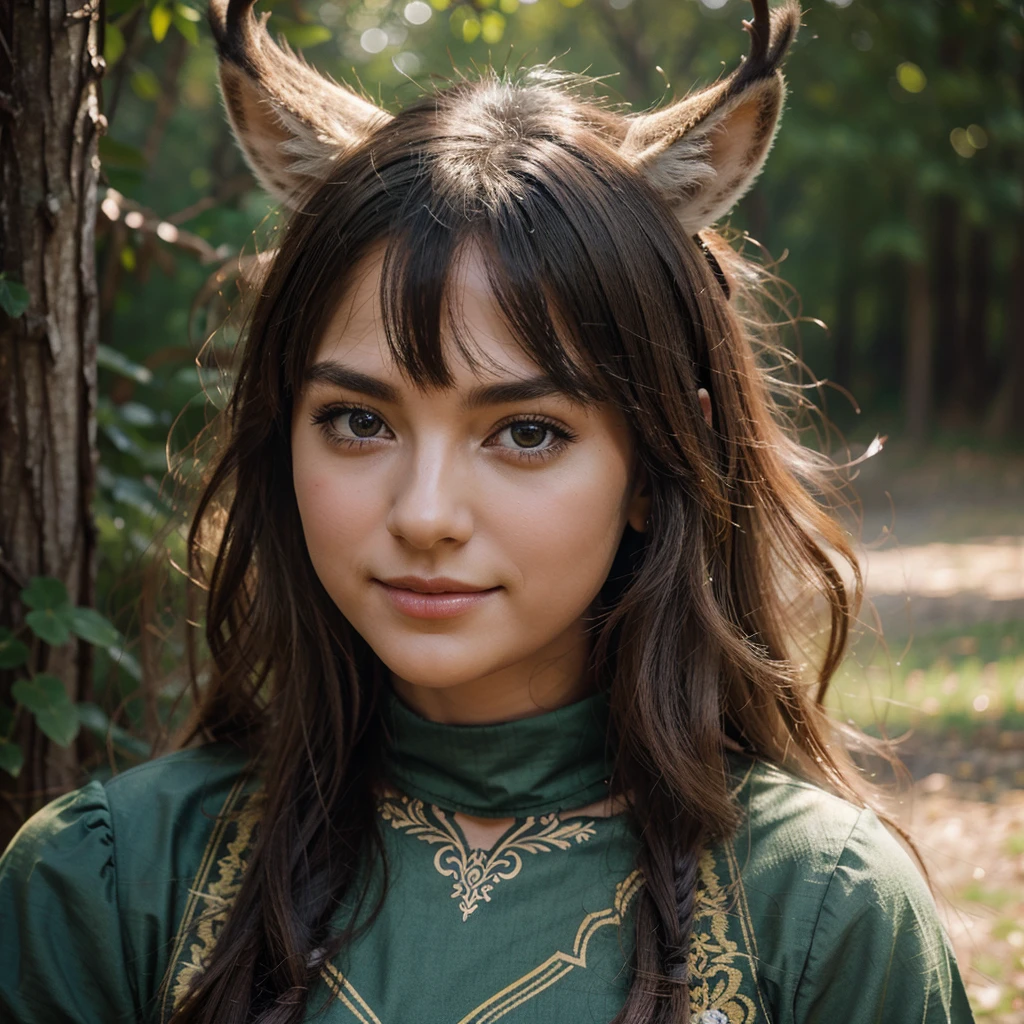 Create an illustrated, hand-drawn, full-color image of an anthropomorphic deer girl. The artwork should be rendered in the style of "Breath of the Wild," featuring warm lighting and shadows. Include graphite shading, stencil marks, and airbrushed acrylic paint effects. The image should be of the highest quality, a masterpiece with intricate details. The deer girl should have a female, humanoid, furry appearance with grey skin. She should have luscious lips, a wide smile, and bright, expressive eyes, exuding beauty, cuteness, and adorableness. Ensure the image is high resolution and sharply detailed, with a detailed and vibrant background. Incorporate mystical lighting in the background, creating a romantic and enchanting atmosphere.