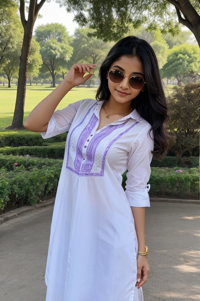 a real indian beautiful girl standing with stylish photo soot pose,The girl is slightly bent forward from the waist and giveing flying kiss, in tajmahel Park, tajmahel in background, beautiful flowers in park. The girl wearing white purple gradient kurti, with purple sunglasses, with smart watch. with name "NEHA" writing on the kurti clearly purple big letters. she is looking so Pretty, cute, smile,beautiful chest, HDR ultra quality 4k pictures.