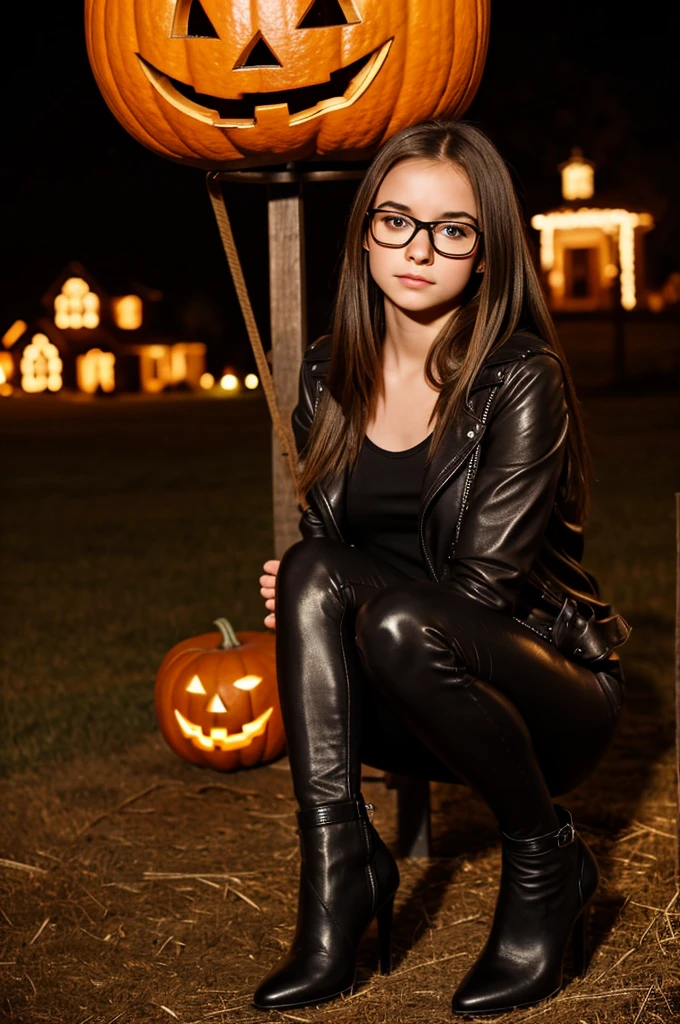 teenager girl, pale, wearing glasses brown shoulder length brown straight hair, black leather jacket, black leather leggings, black heels, halloween night setting on a hay bell