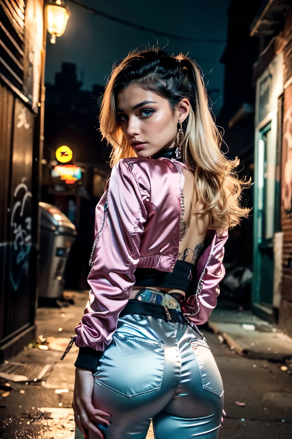 (Ultra-detailed eyes), (((textile shading))), (((Best Quality))), (((materpiece))), (((Ultra-detailed CG))), sassy 18 years old american girl, (((magical little girl))), (Petite), (tiny chest), blonde wavy hair with pink streaks, ((gorgeous hair)), Pink eyes, (((punk girl, satin jacket, y2k ripped satin pants))), ((striking a pose)), (((Game CG)) (gorgeous, sassy, it girl), fancy jewelry, graffiti-covered walls,neon lights,vibrant colors,night scene,gritty atmosphere,4K, strong punk atmosphere, cowboy shot, midshot, centered image, eye on camera, daylight,sexy Ass,