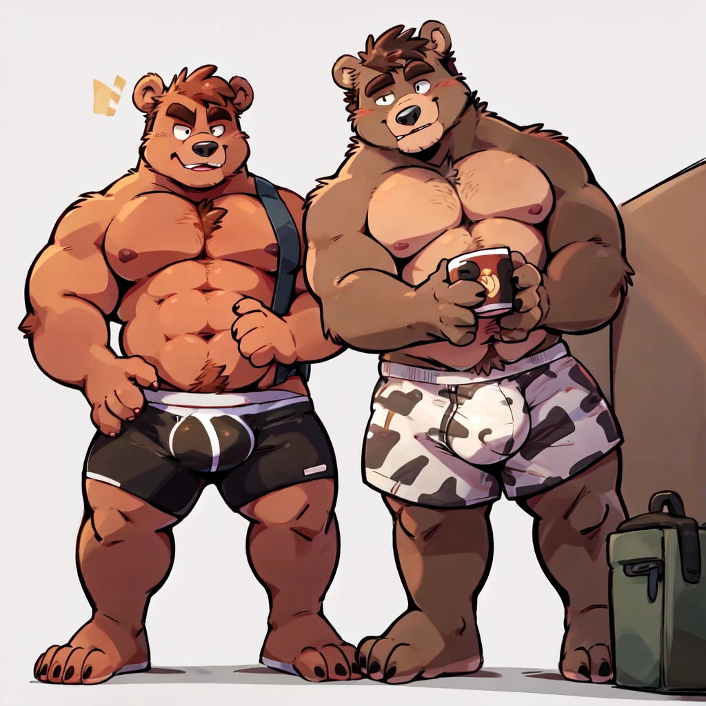 Bear, By Haps,1boy, abs, animal ears, bara, bulge, full body, white background, Seminude, Boxers, side, Standing, feet, coffe cup