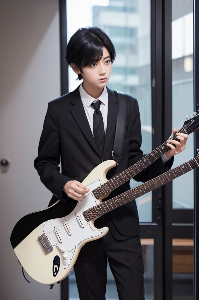 tall male guitar Black Hair cool school uniform