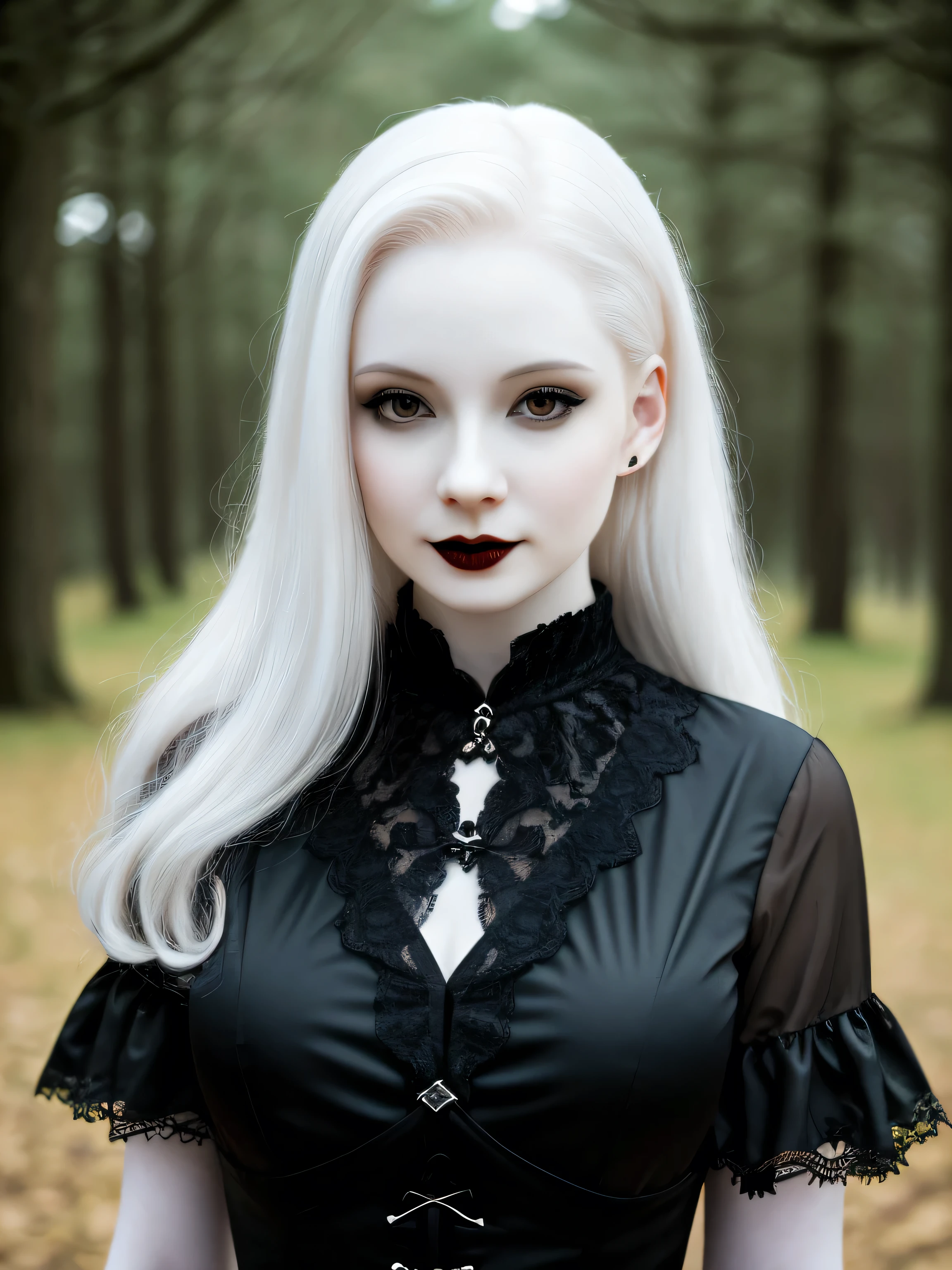 female vampire|albino,pale porcelain skin, vintage black dress, smile, shallow depth of field, sadistic, nightfall, detailed face, night,wide hips,narrow waist,portrait of woman standing,detailed eyes, portrait of woman standing,8k RAW photo, highest quality, (looking at the viewer:1.3), best shadow, intricate detailold hair:1.3),(bright eyeorest, grave,gothic,goth